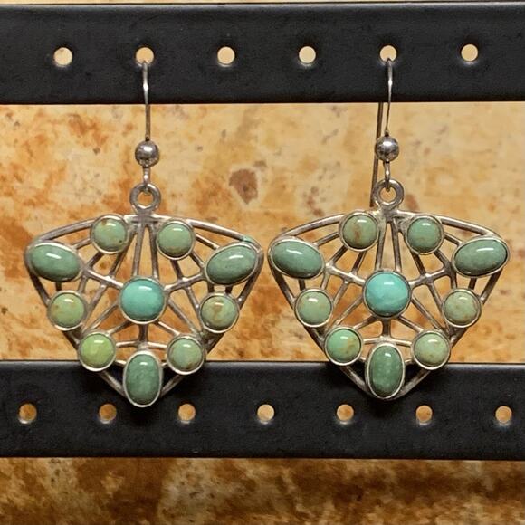 Jay King Earrings Triangular Sterling Silver & Green Turquoise Dangle/ Drop - Picture 3 of 7